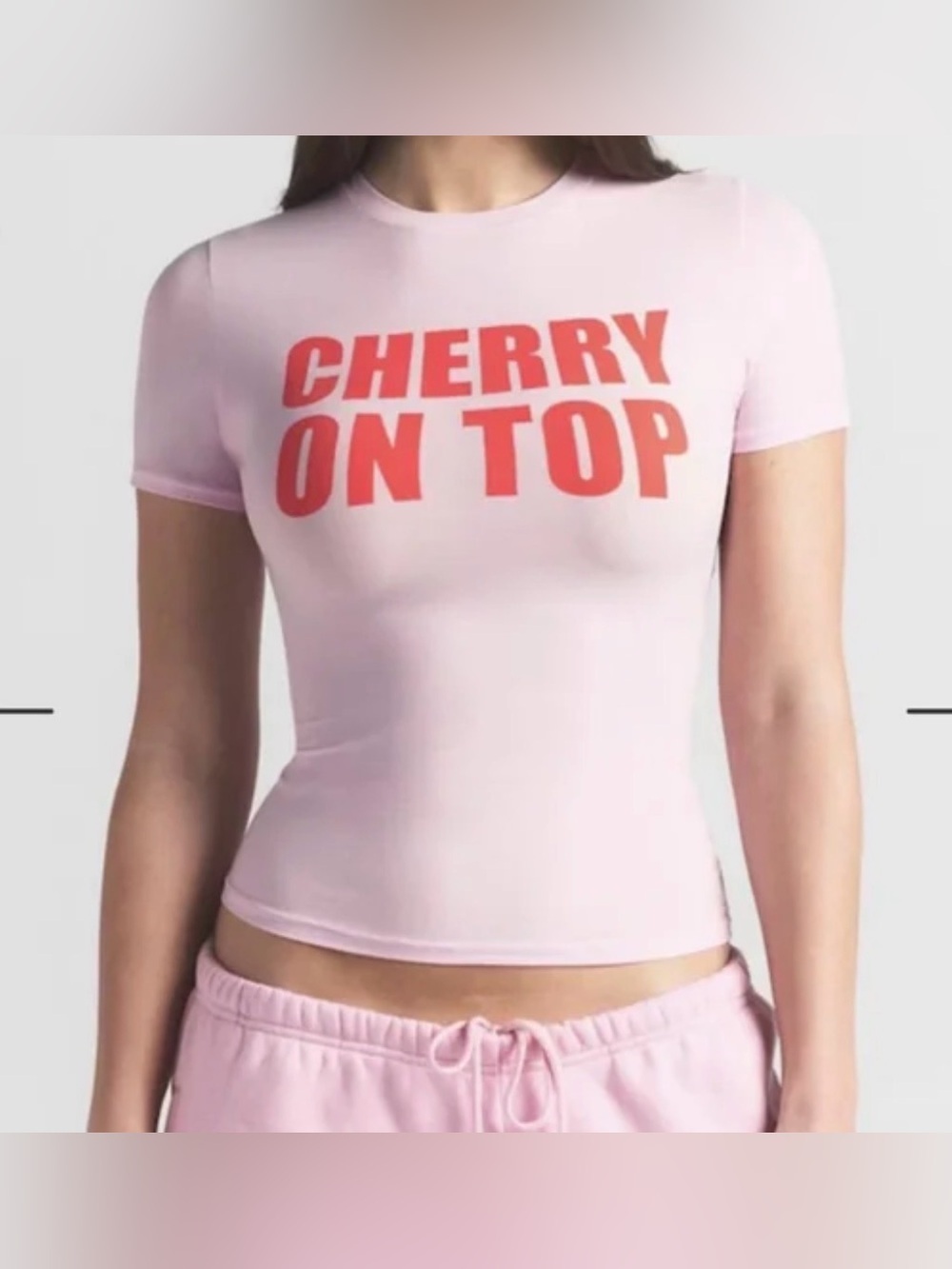 SKIMS FITS EVERYBODY VIRAL "CHERRY ON TOP" BABY PINK T-SHIRT Size Medium